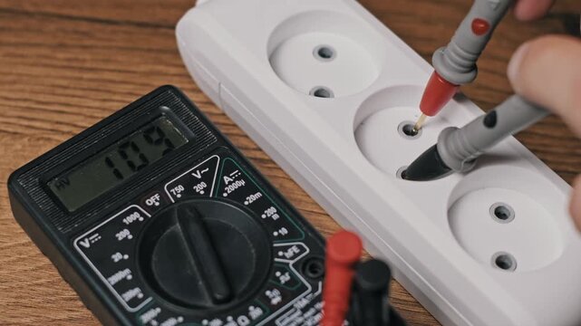 Top angle view of a hand using multimeter probes to check voltage of a white power extension cord. The black digital tester shows fluctuating numbers during a safety inspection.