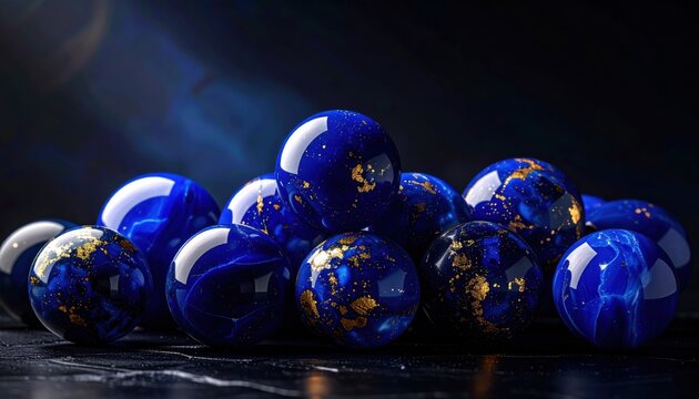 A FlyPro Firefly collection of smooth, perfectly spherical lapis lazuli stones with golden flecks arranged in a captivating cascading pattern.