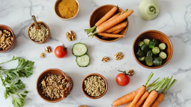 Fresh Vegetables and Grains Arranged on Marble Surface