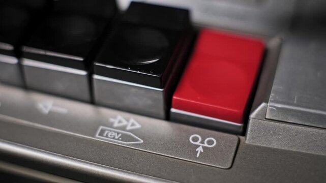 Macro shot of a finger pressing the red rectangular record button on a vintage cassette player. The metallic panel shows icons for rewind and fast forward keys.