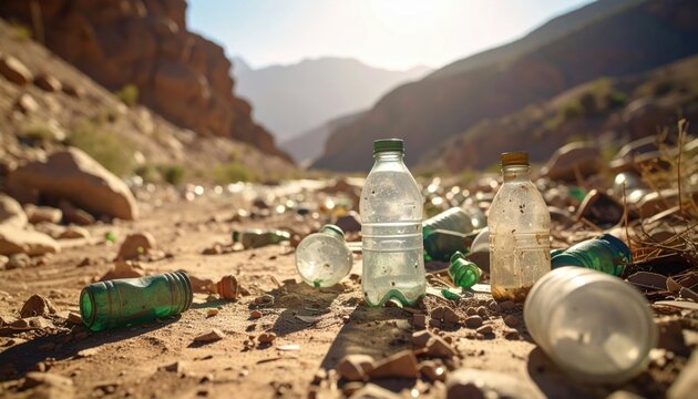FlyPro Firefly Discarded, sun-faded plastic bottles accumulating in dry gullies, representing stark remnants of basic human needs in a parched landscape.