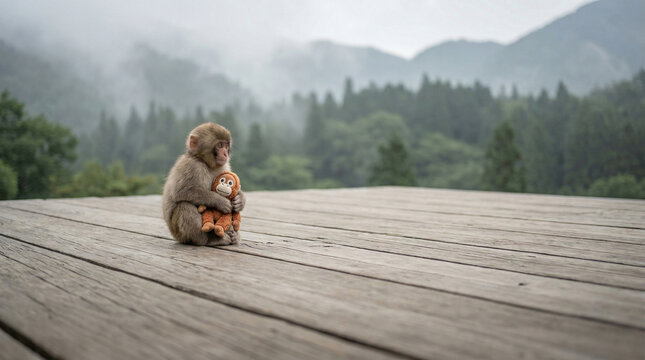Punch baby macaque sitting alone on wooden platform hugging plush toy, orphan monkey expressing loneliness, emotional attachment and vulnerability concept
