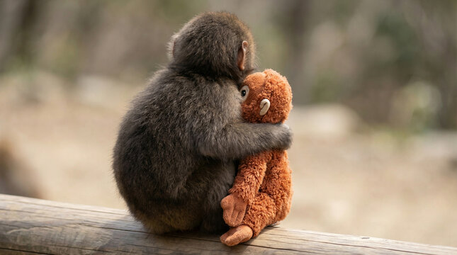 Punch baby macaque from behind hugging plush toy, orphan monkey showing emotional attachment, loneliness, comfort and vulnerability wildlife concept