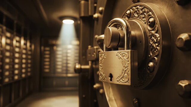 Antique Golden Vault Door Locked Securely With Ornate Padlock Illuminated By Dramatic Spotlight In Vintage Bank Safe Deposit Box Room