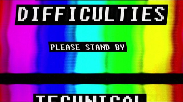 Color bars test broadcast pattern with the text "technical difficulties please stand by", edited with noise, distortion and static.