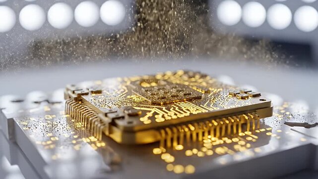 Close up of a golden computer microchip with glowing orange circuits and falling golden particles against a blurred white background with bokeh lights, symbolizing advanced technology and innovation.