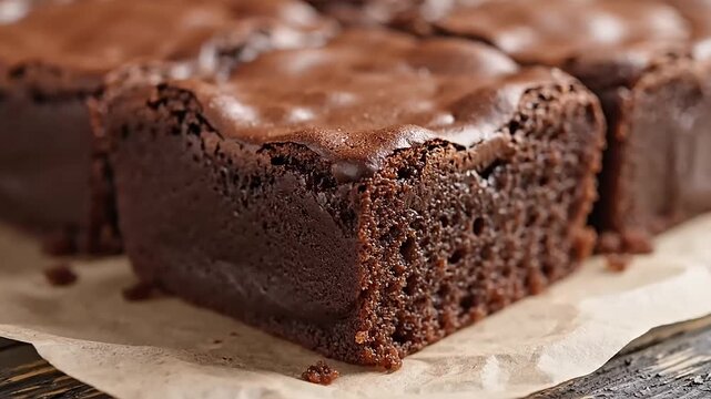 A close-up view of a rich, dark chocolate brownie slice, showcasing its moist and dense texture, perfect for any dessert lover.