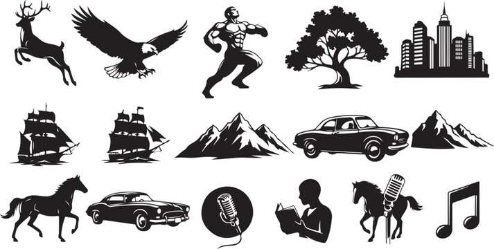 Various black and white icons and symbols collection