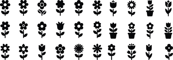 Collection of simple black flower icons isolated on transparent background