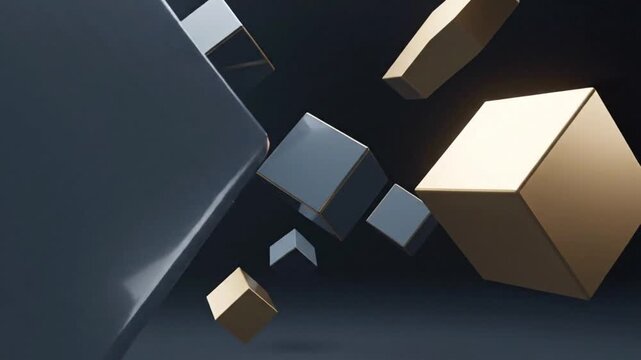 Abstract video footage showing a dynamic animation of metallic and golden geometric cubes floating and rotating.