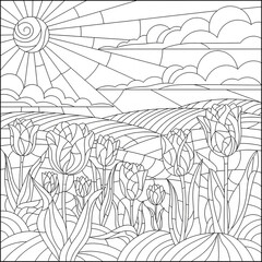 Fototapeta premium Spring tulip field coloring page with rolling hills and bright sun rays in a decorative stained glass mosaic landscape illustration