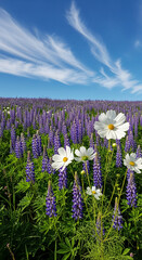 Obraz premium Image of a field filled with purple lupine and white cosmos flowers, under a blue sky with streaky clouds, representing summer, nature, and tranquility