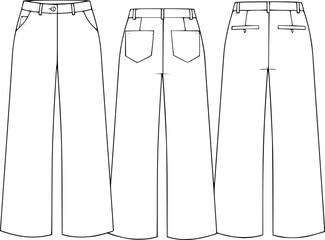Women wide leg pants technical fashion illustration, casual trousers design sketches, front back views, minimalist apparel template, for modern collections