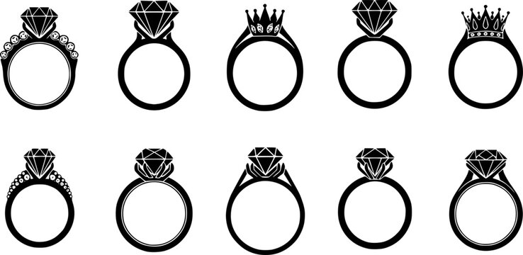 Black diamond ring icon set, luxury engagement jewelry silhouettes, crown gemstone designs, minimal vector illustration isolated on white background collection