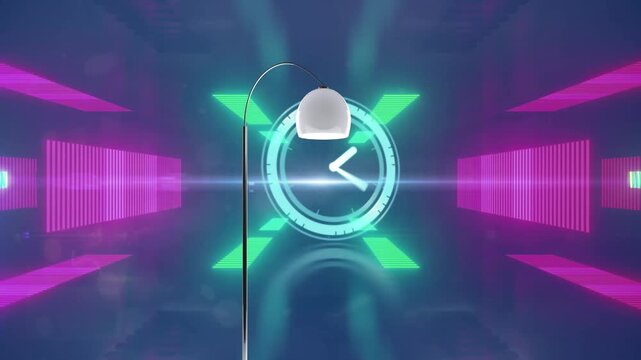 Animation of lamp and ticking clock over neon tunnel in seamless pattern against blue background