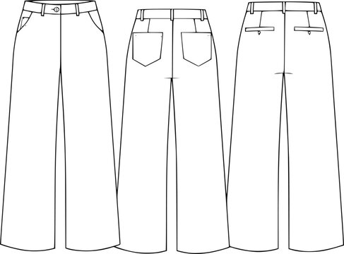 Women wide leg pants technical fashion illustration, casual trousers design sketches, front back views, minimalist apparel template, for modern collections