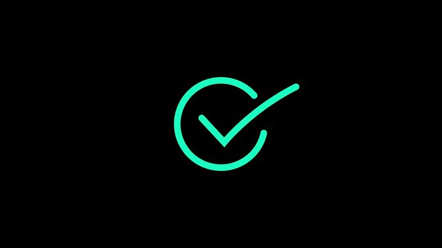 Neon checkmark success confirmation glowing green on black background minimalist digital concept.