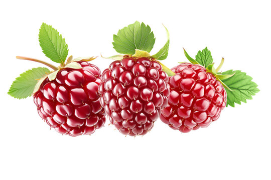 Shiny ripe loganberries or raspberry with vibrant green leaves, on white background. Concept of freshness and healthy food