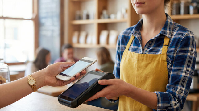 A customer pays for goods using their smartphone via contactless NFC technology, holding it over a portable card reader held by a barista in a coffee shop setting.