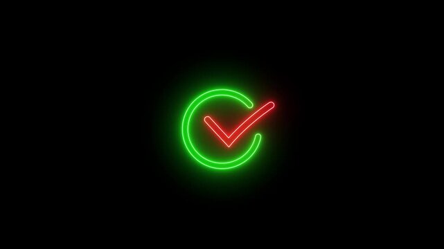 Glowing neon checkmark and X symbol within a circle on a black background, representing choice, decision, and validation with a modern, vibrant aesthetic.