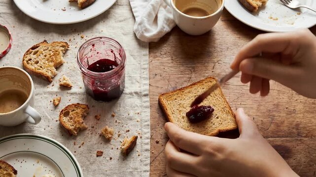 Morning toast breakfast jam bread hand on kitchen table snack crumbs culinary mess cozy lived spaces domestic scene routine