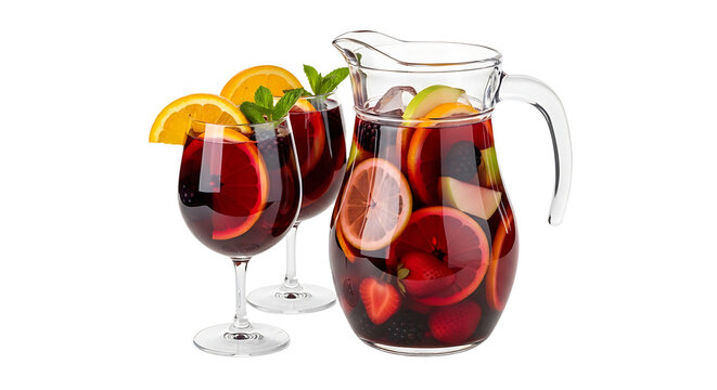 A pitcher and glasses of refreshing sangria with fruit slices on a