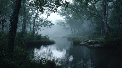 Misty Forest River Serenity Landscape Outdoors