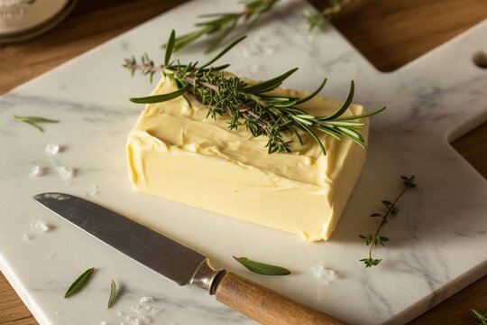 Butter with rosemary and thyme sprigs on a marble white cutting board, a block of butter garnished with fresh herbs, a vintage cheese knife with a wooden handle, close-up food