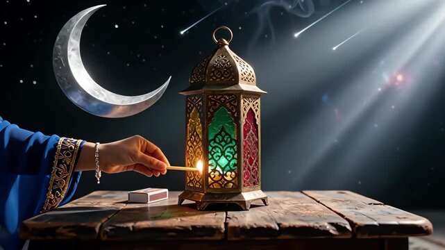 lights a candle in a Fanus lantern for Ramadan.