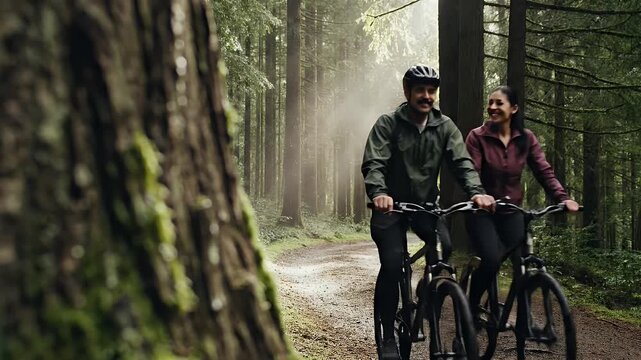 Couple Riding Bicycles Through Lush Green Forest Path with Sunbeams Shining Through Trees and Moss Covered Tree Trunk in Foreground