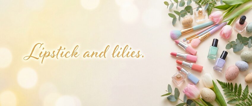 Colorful makeup products with lilies on soft pastel background  