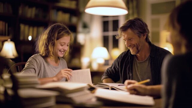 Warm evening interior of father and daughter studying together at a wooden table under soft lamp light, smiling and sharing a supportive family learning moment at home