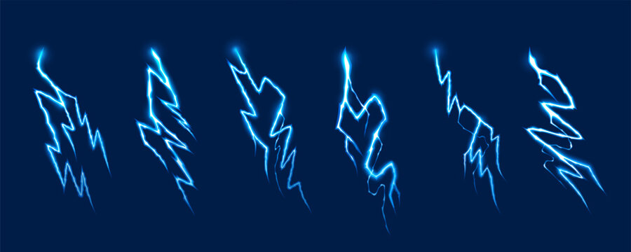 Thunder bolt effect with electric energy on dark background. Vector lightning strike with blue spark and powerful thunderstorm flash. Manga thunder illustration with neon glow and magic discharge.