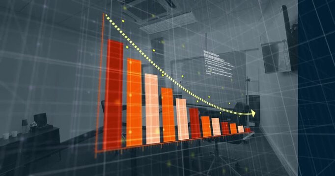 Animation of bar graph and arrow representing loss and coding over empty chairs and table in office
