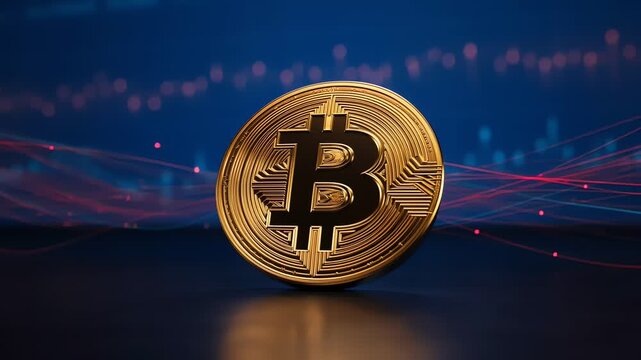 Abstract glowing bitcoin emblem on liquid market background expressing cryptocurrency fluctuation and financial risk