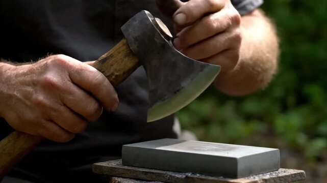 Man Sharpening Axe on Whetstone Outdoors.