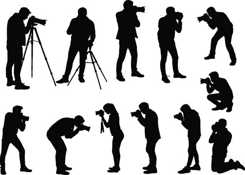 Professional photographer silhouette set, paparazzi taking photos, cameraman with tripod, photography media press, journalism and filming concept