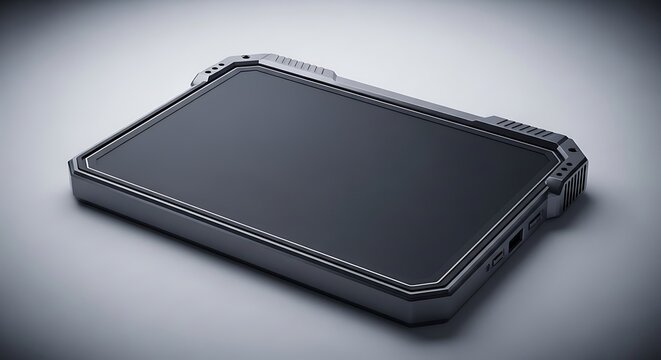 Black portable external hard drive on gray background with metallic edges and rugged design
