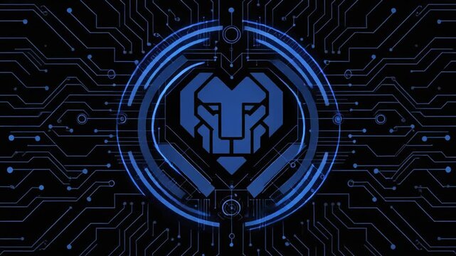 Blue lion head icon inside a circular pattern, with a circuit-board aesthetic, on a black background