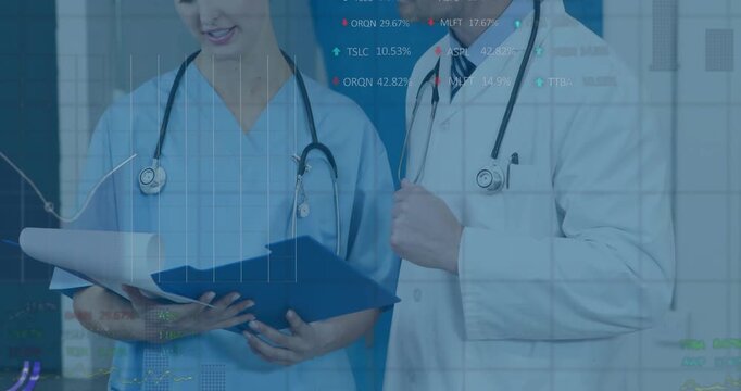 Nurse flipping folder after doctor tapping, clinic with transparent charts for reviewing trends
