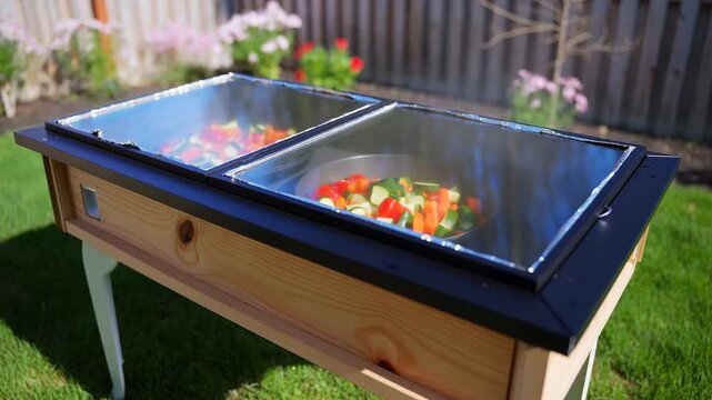 Outdoor Solar Cooker In Garden. Backyard Gardener Prepares Peppers And Tomatoes For Sun Cooking
