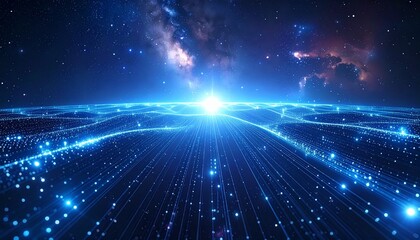 青い光が広がる人工知能テクノロジーの抽象ビジュアル