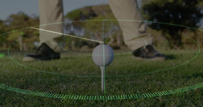 Golf ball activating digital guides, golfer swinging club following arc for sweet spot alignment