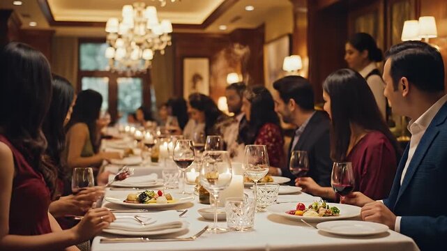 Elegant group of friends toasting with wine during a celebratory dinner at a luxurious restaurant enjoying fine dining and creating memorable moments together
