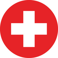 Fototapeta premium Red circle with white medical cross symbol, healthcare emergency aid icon, hospital sign isolated on light background, flat design illustration