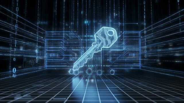 Digital security key with glowing futuristic technology and binary code in cyber network environment