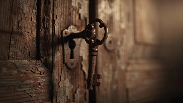 Rusty vintage key in old wooden door lock with peeling paint close up
