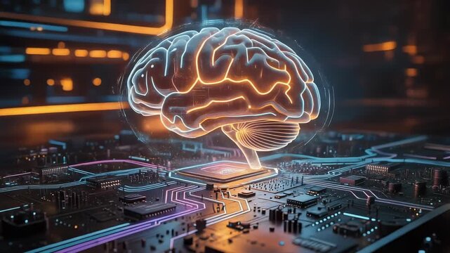 Futuristic digital brain hologram on circuit board representing artificial intelligence and neural networks technology