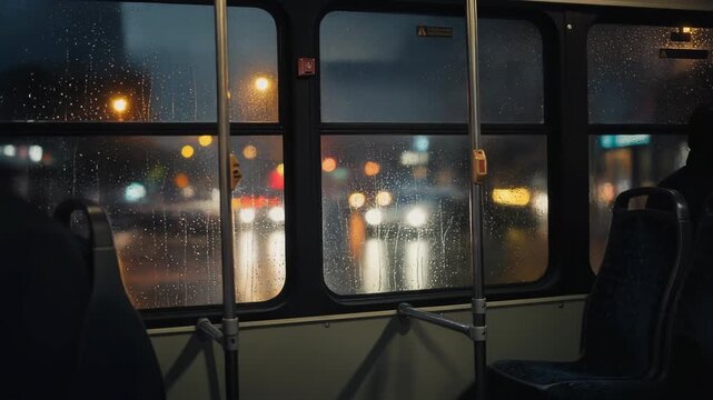 Empty city bus interior at night with rainy window and blurred street lights in the background