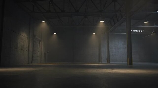 Empty industrial warehouse interior with concrete walls and ceiling lights in a spacious storage facility